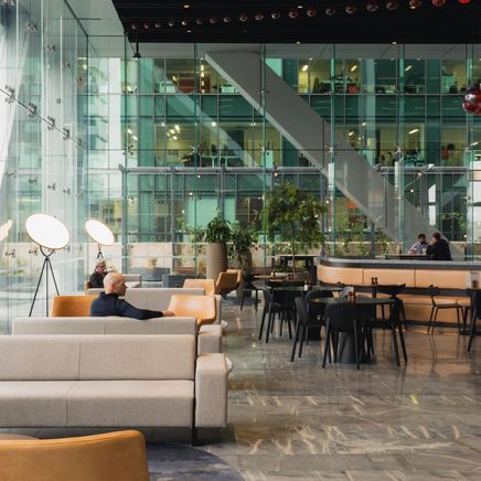 The interior design of Commercial Bay's Sky Lobby balances the warmth of a welcome with corporate finesse