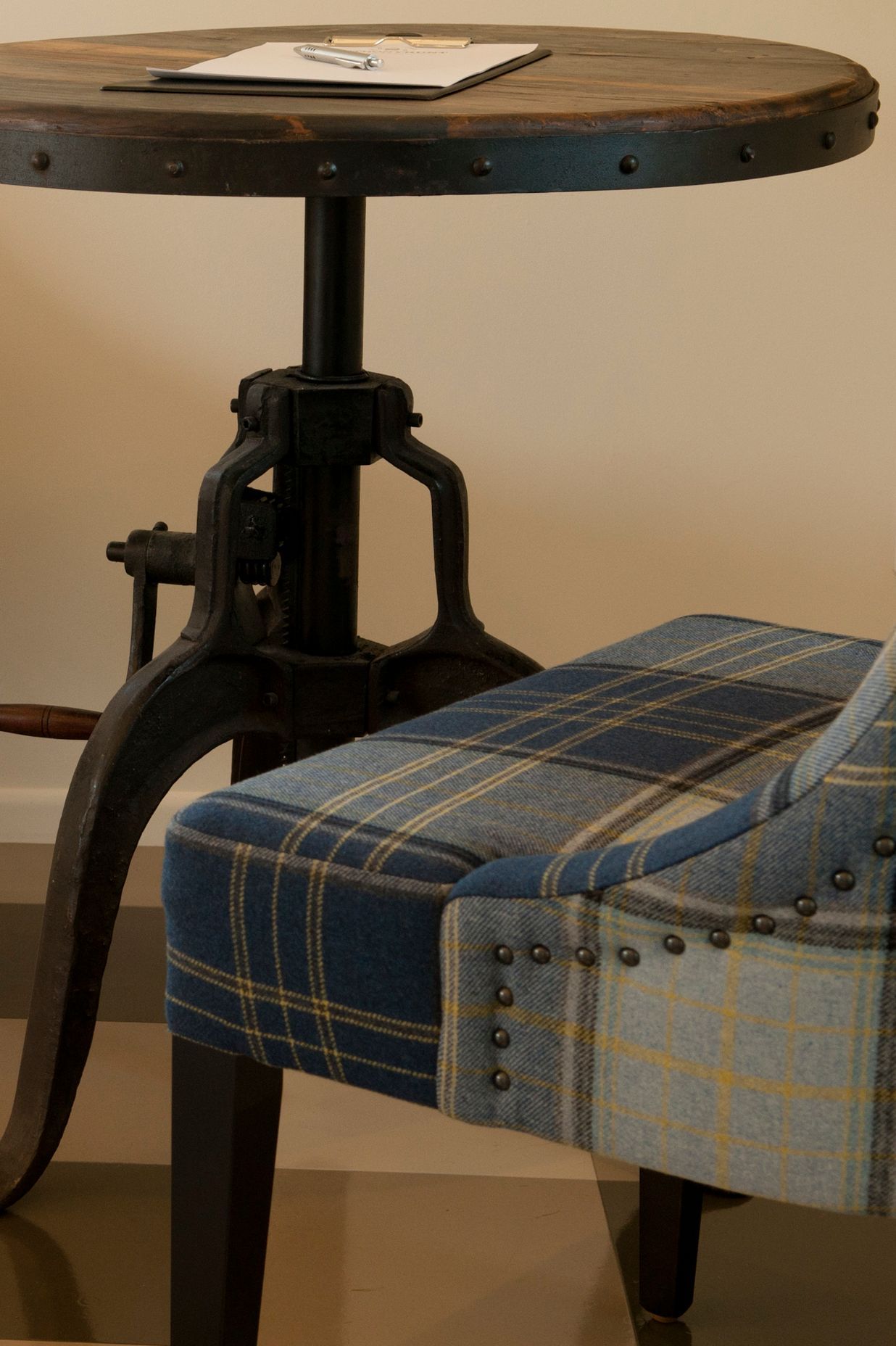 Leather, tartan, Donegal tweed upholstered furniture, and industrial tables are not mainstream