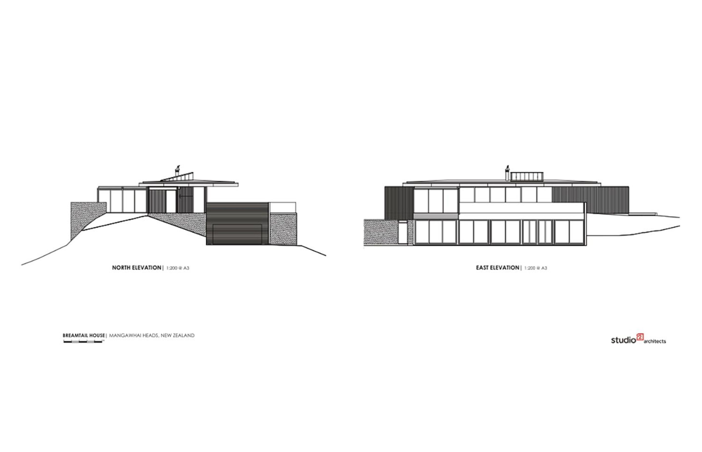 Breamtail House north and east elevations by Studio2 Architects.