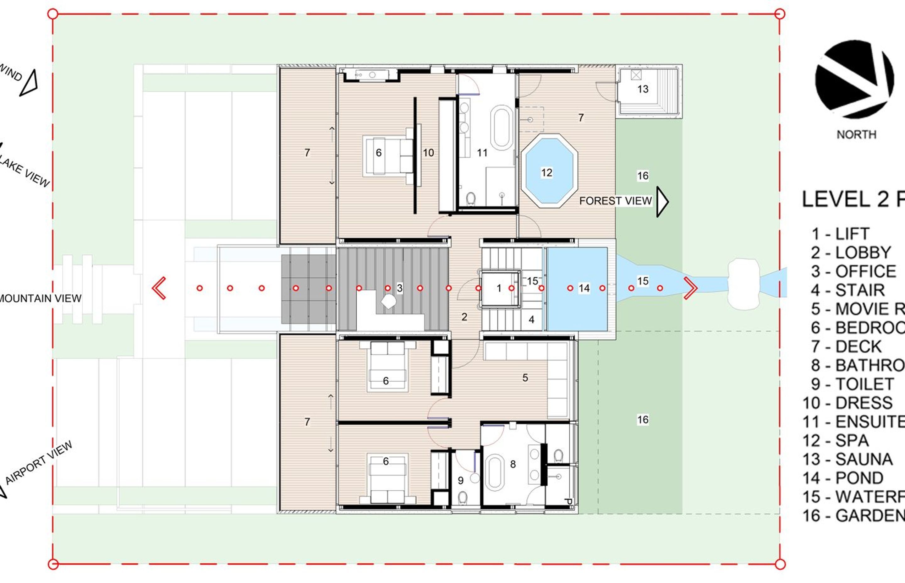 The plan of the second-floor shows the spa and sauna area at the rear of the property which overlooks a waterfall and pond area.