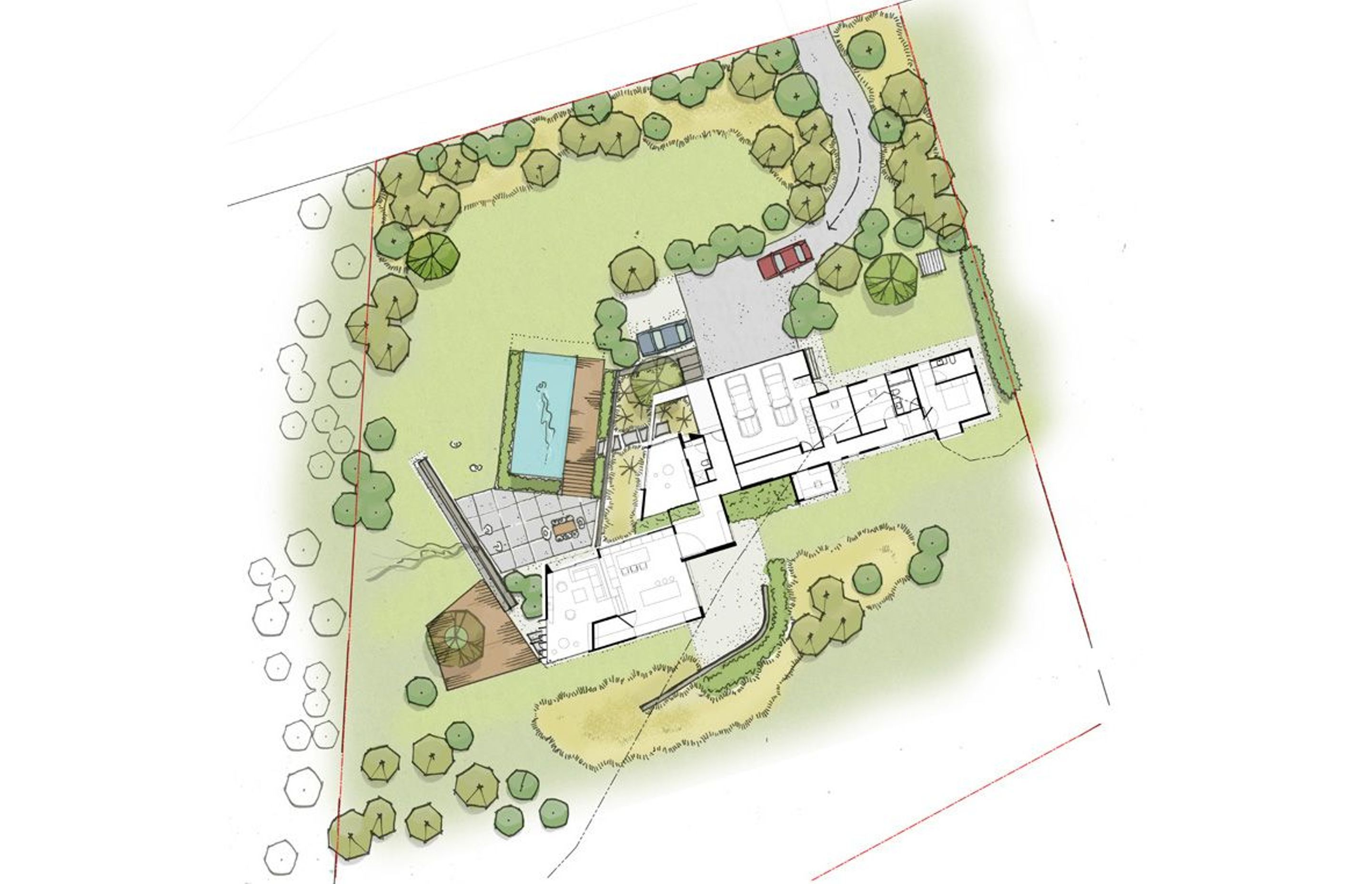 Original site plan concept by Hyndman Taylor Architects with a swimming pool planned for the future.