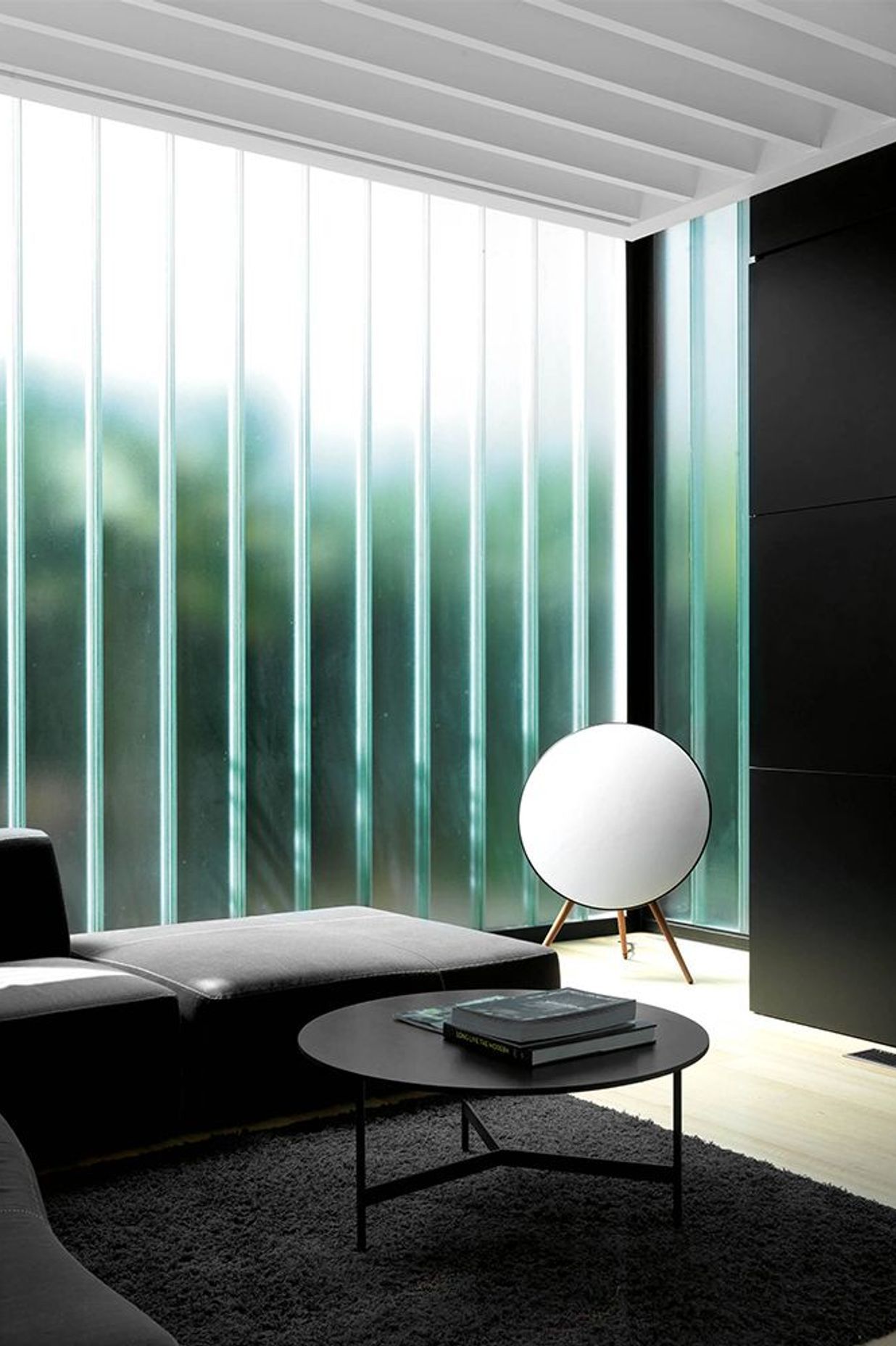 The glass wall admits soft light while providing privacy from neighbours.
