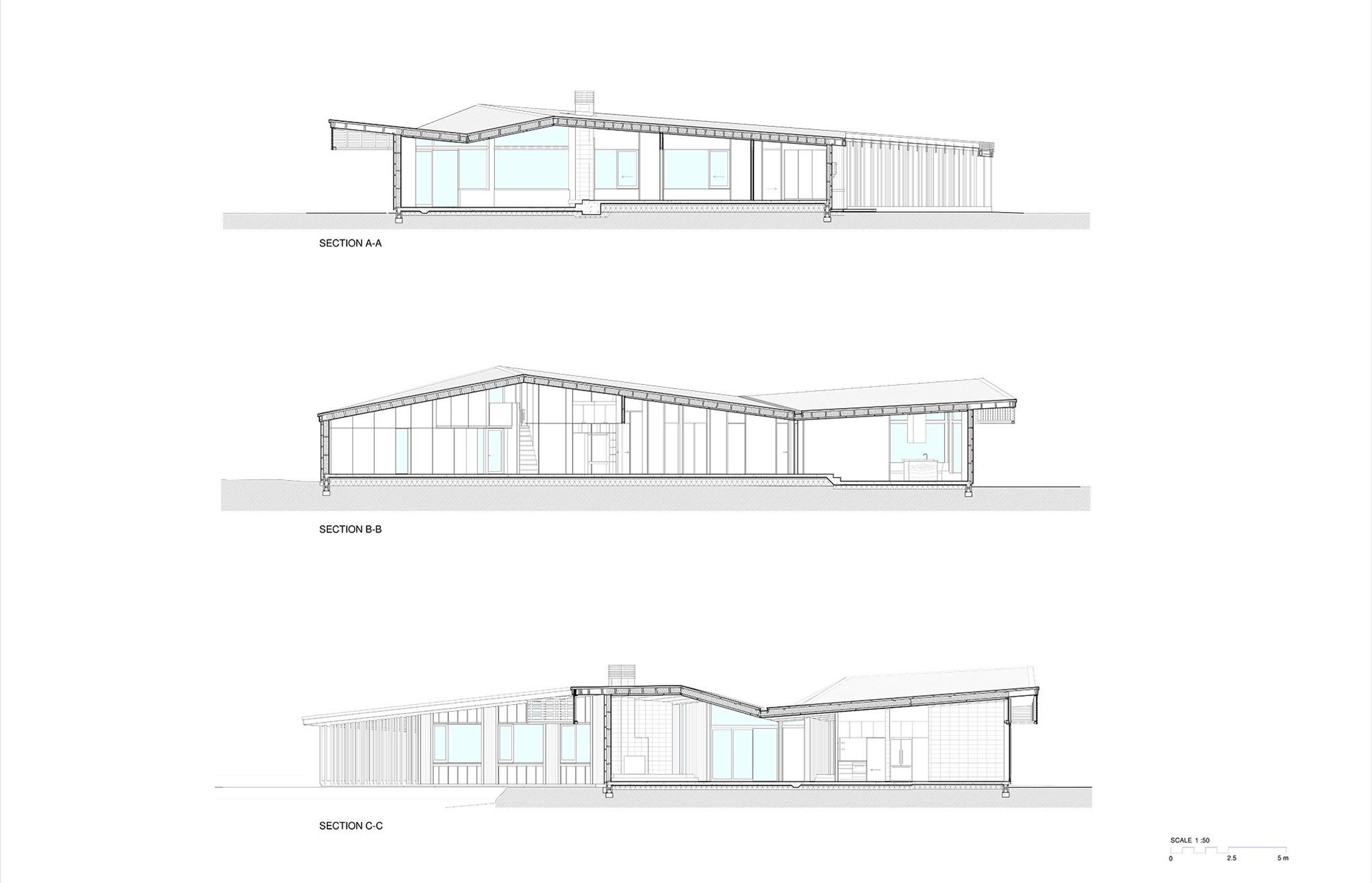 Cross sections of the house provide a sense of the form and the plen.