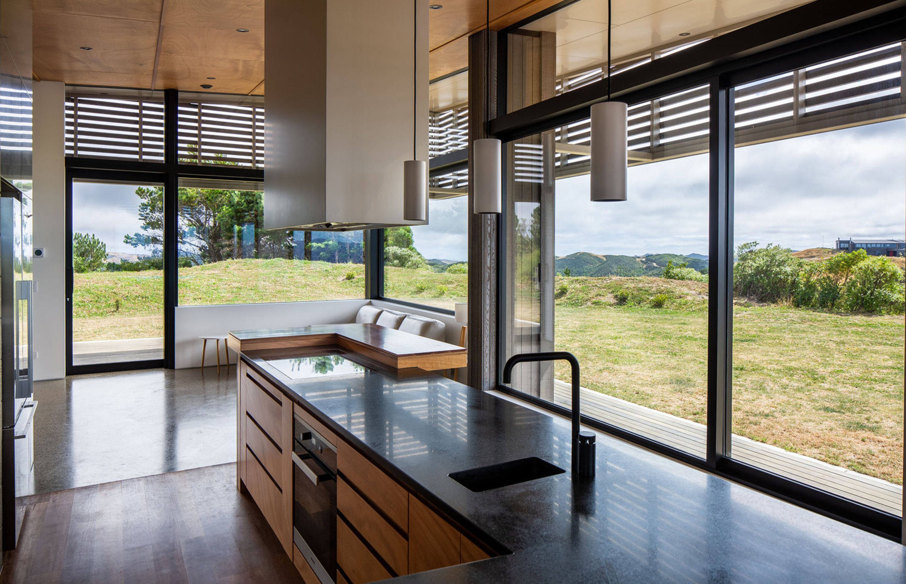 From the large kitchen island, the owners can enjoys views over Wellington.