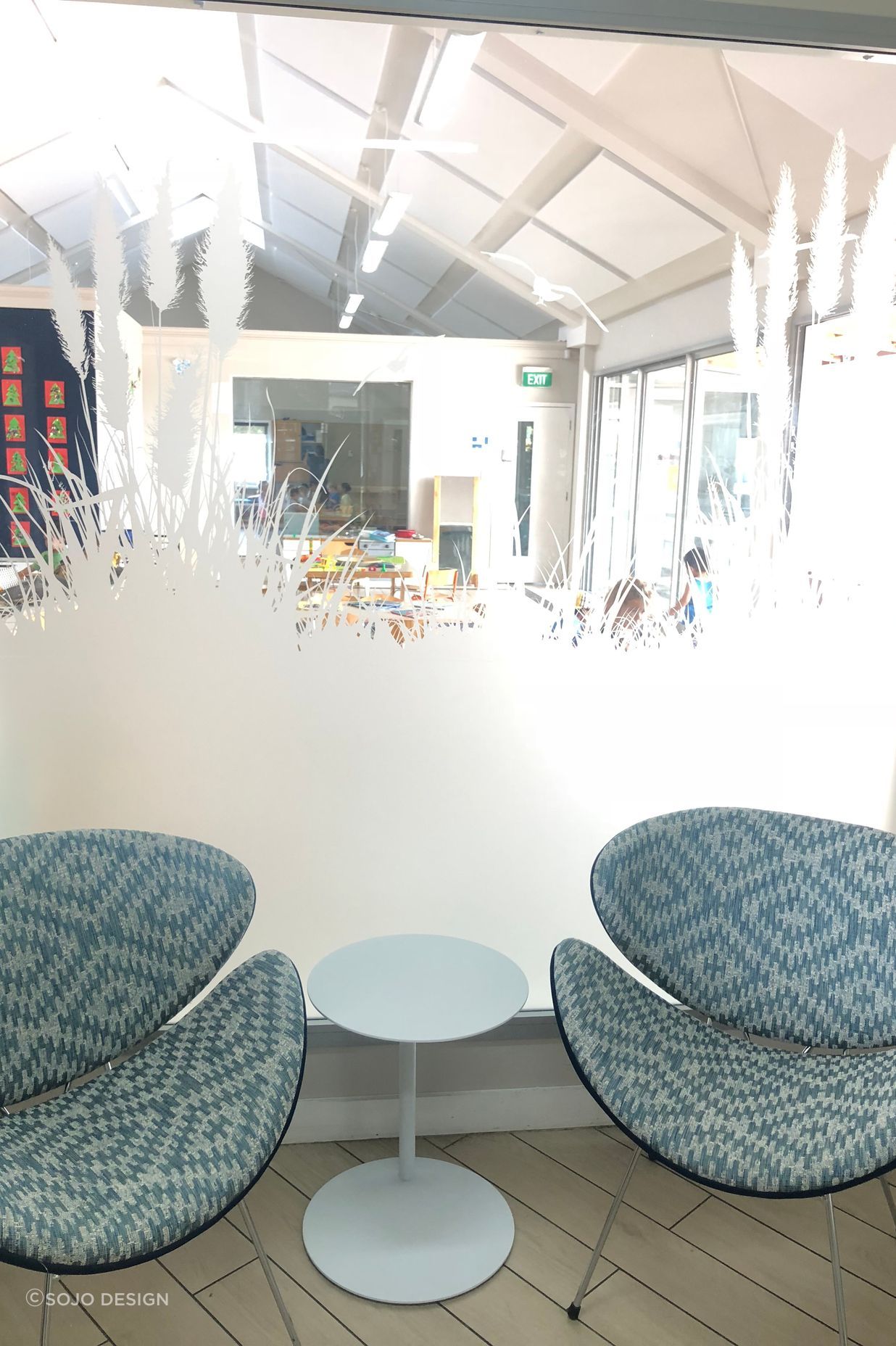 Relaxing chairs for staff, window decals for privacy