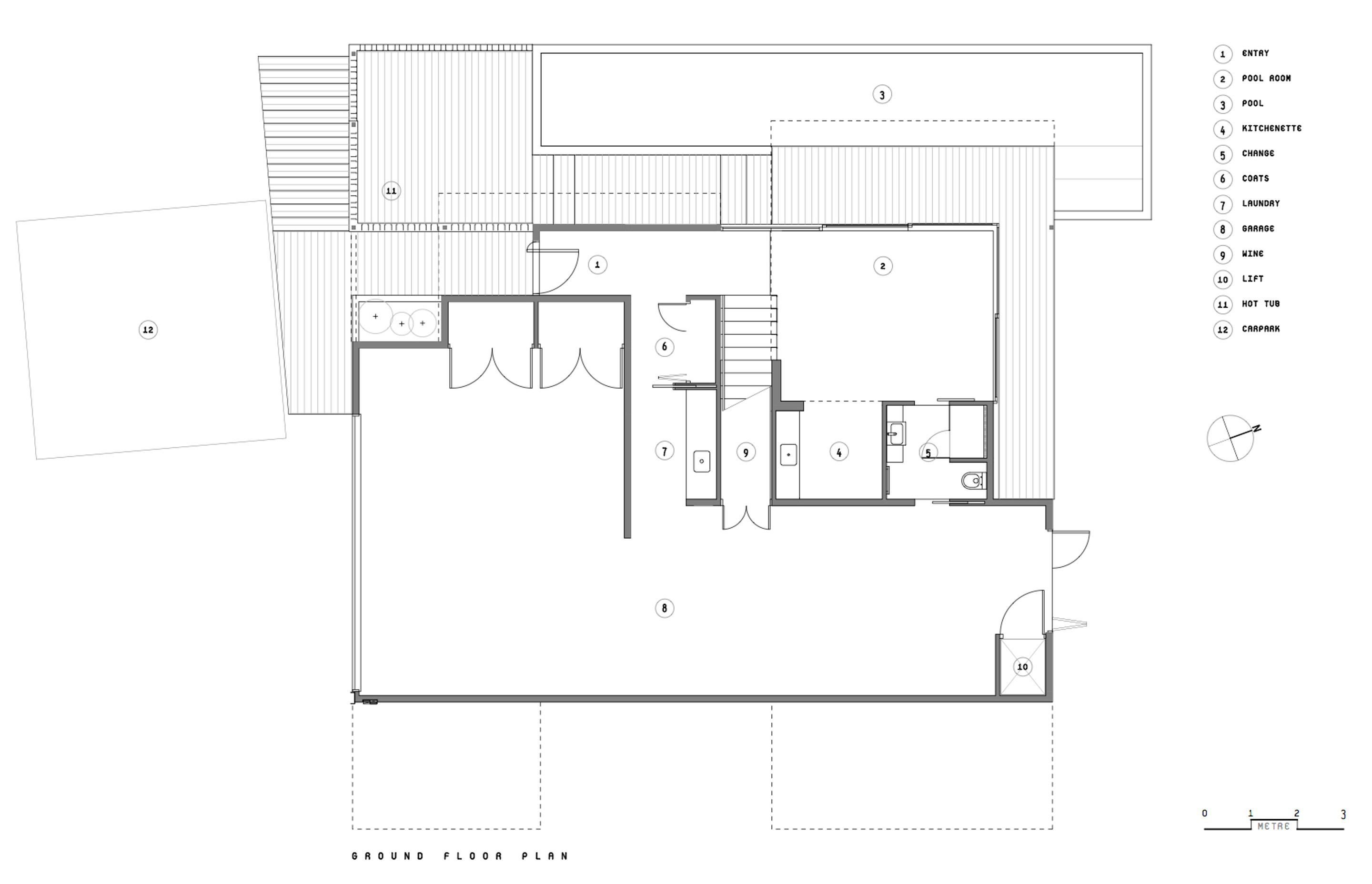 The ground-floor plan by Objects shows the hot tub and lap pool facing northwest.