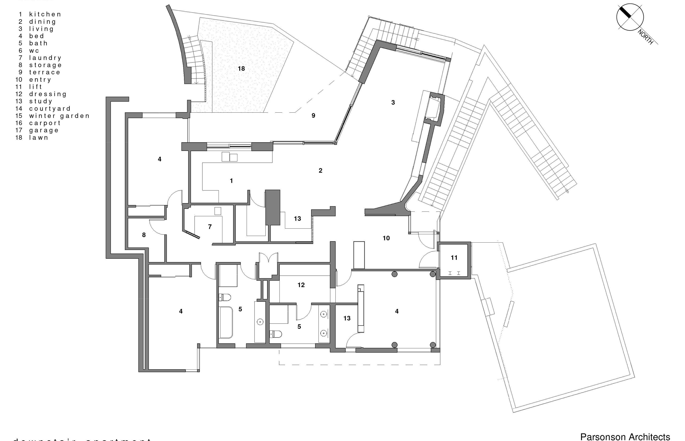 The plan for the downstairs apartment has a north-facing terrace (9) and lawn (18) extended out from the kitchen, diining and living area (3).