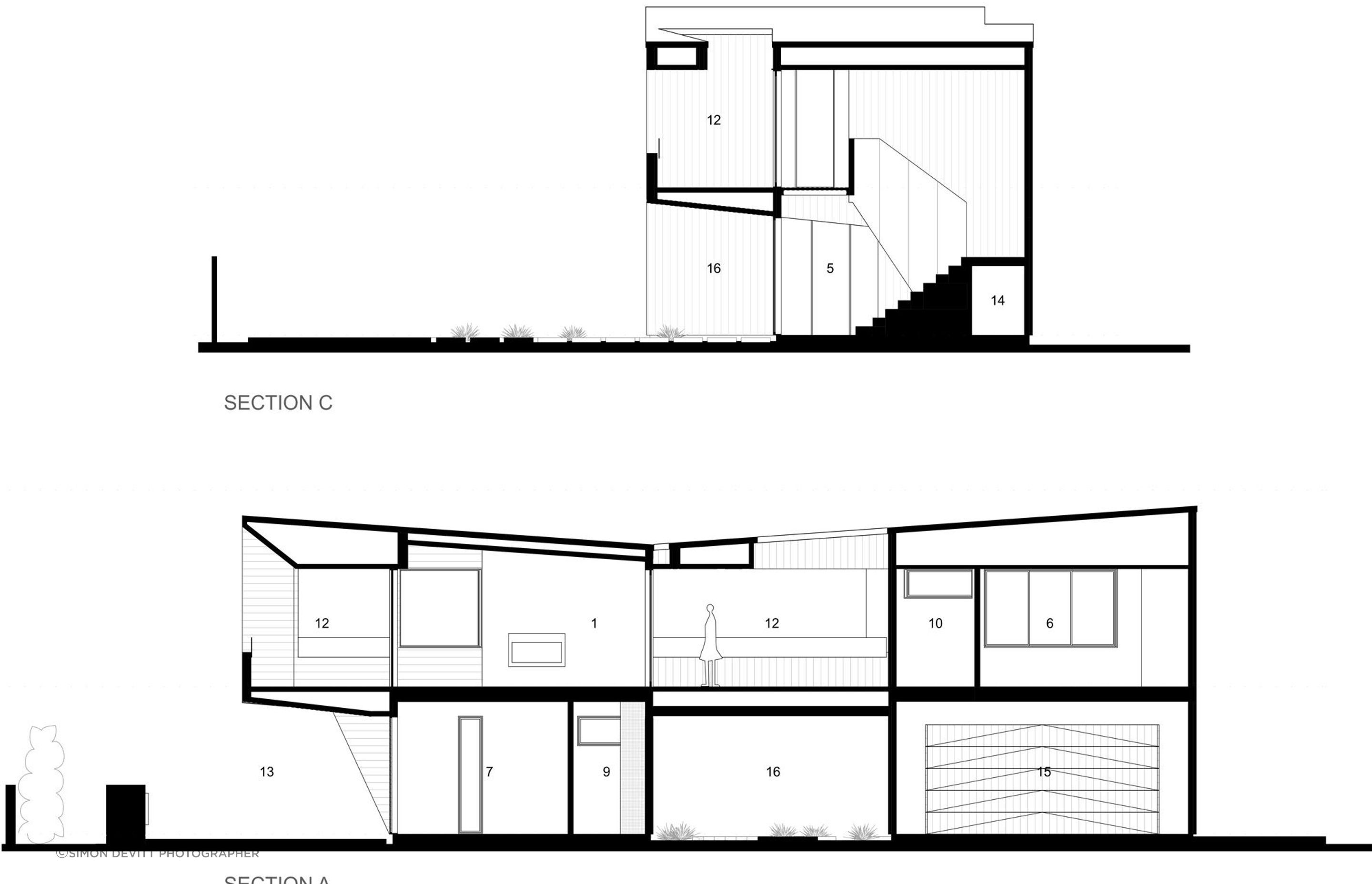 Cross sections of Te Whare Rakau by Julian Guthrie Architecture.. The numbering of the spaces relates to the numbering on the floor plans seen above.