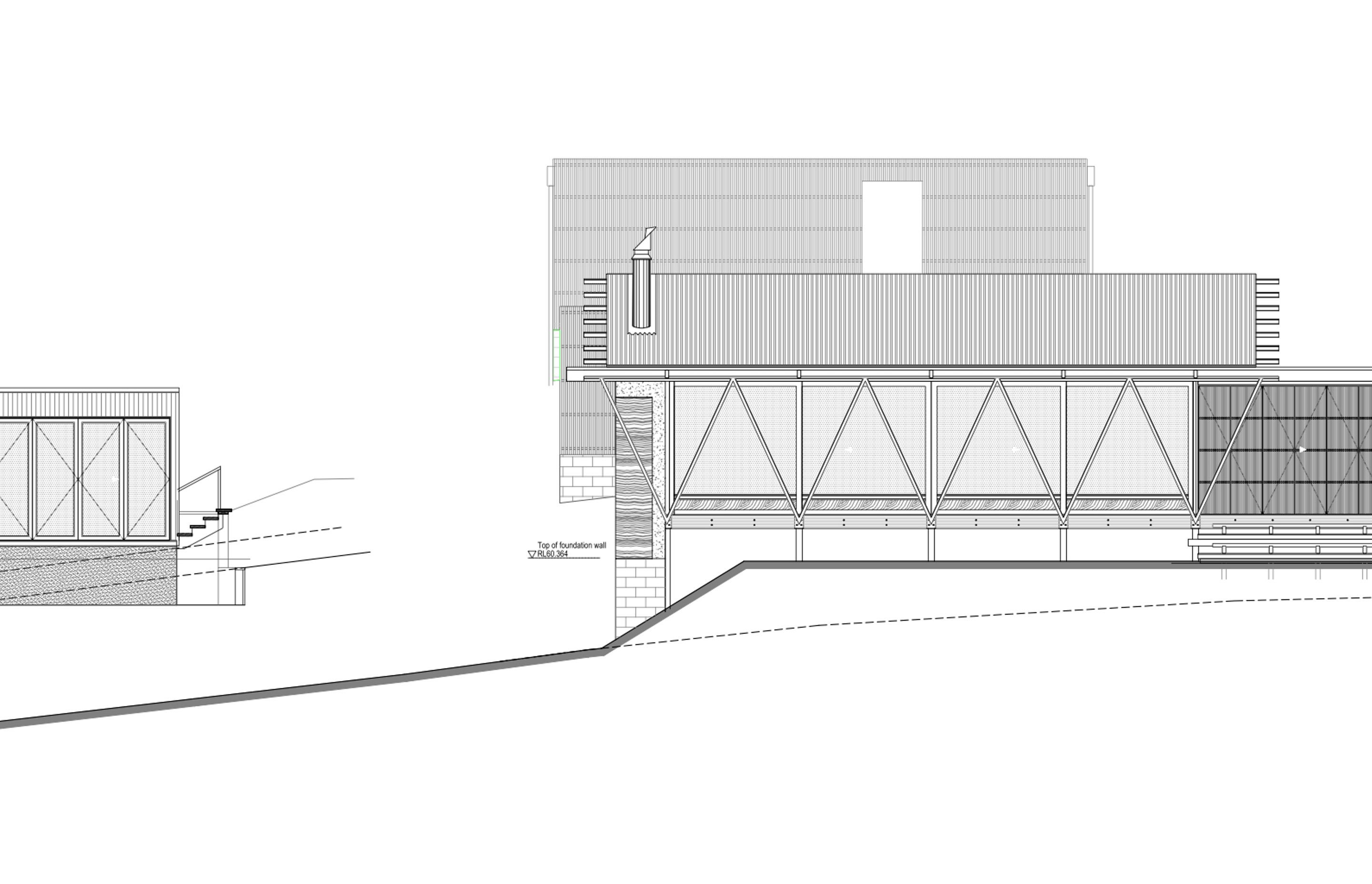 The east elevation of Tutukaka House, by Herbst Architects, shows the swimming pool (left), the lanai or veranda (front), with the bedroom wing and garage layered up in behind.
