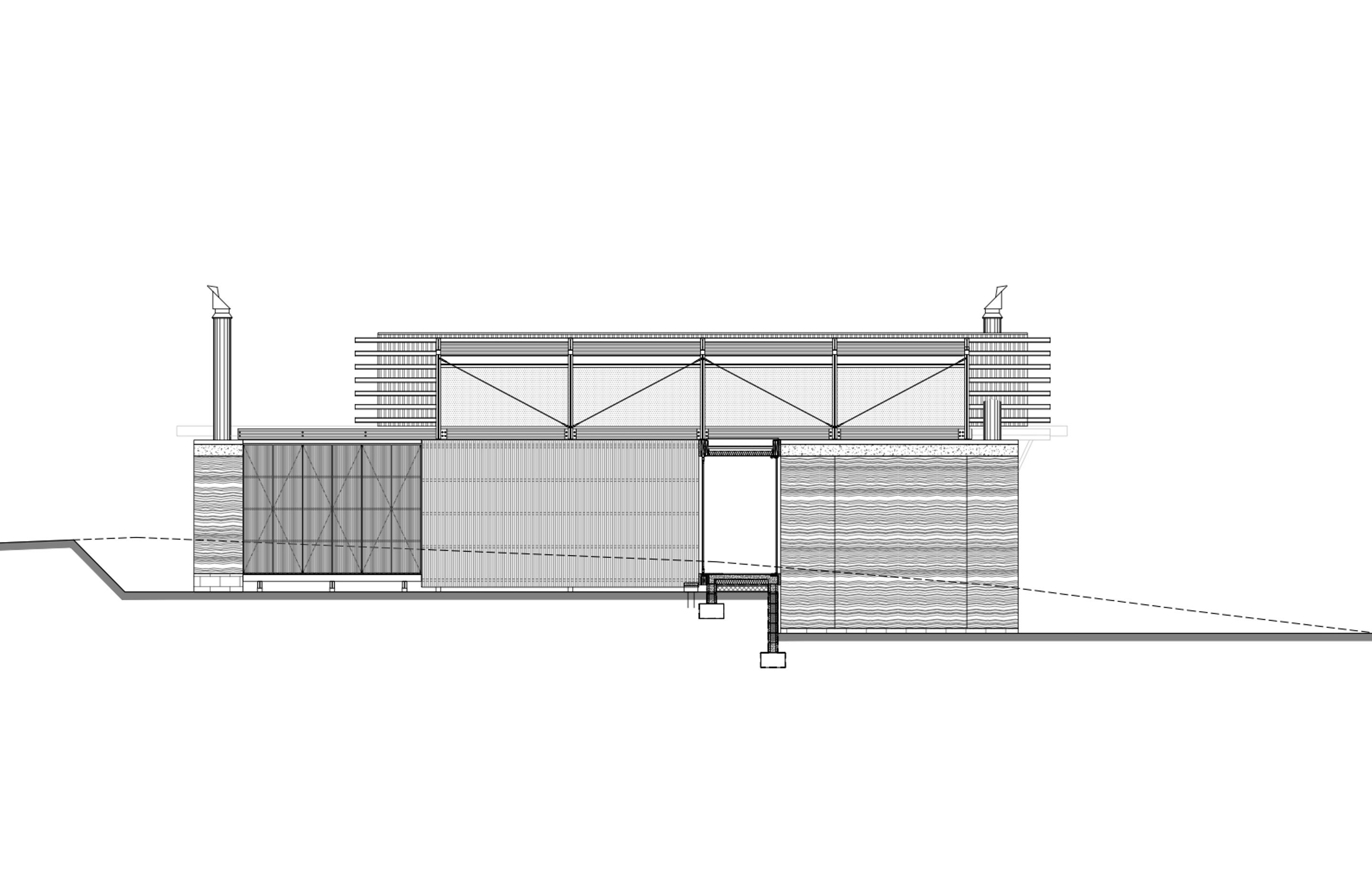 The west elevation of Tutukaka House, by Herbst Architects, is a sectional elevation through the glazed link between the bedroom and living wings.
