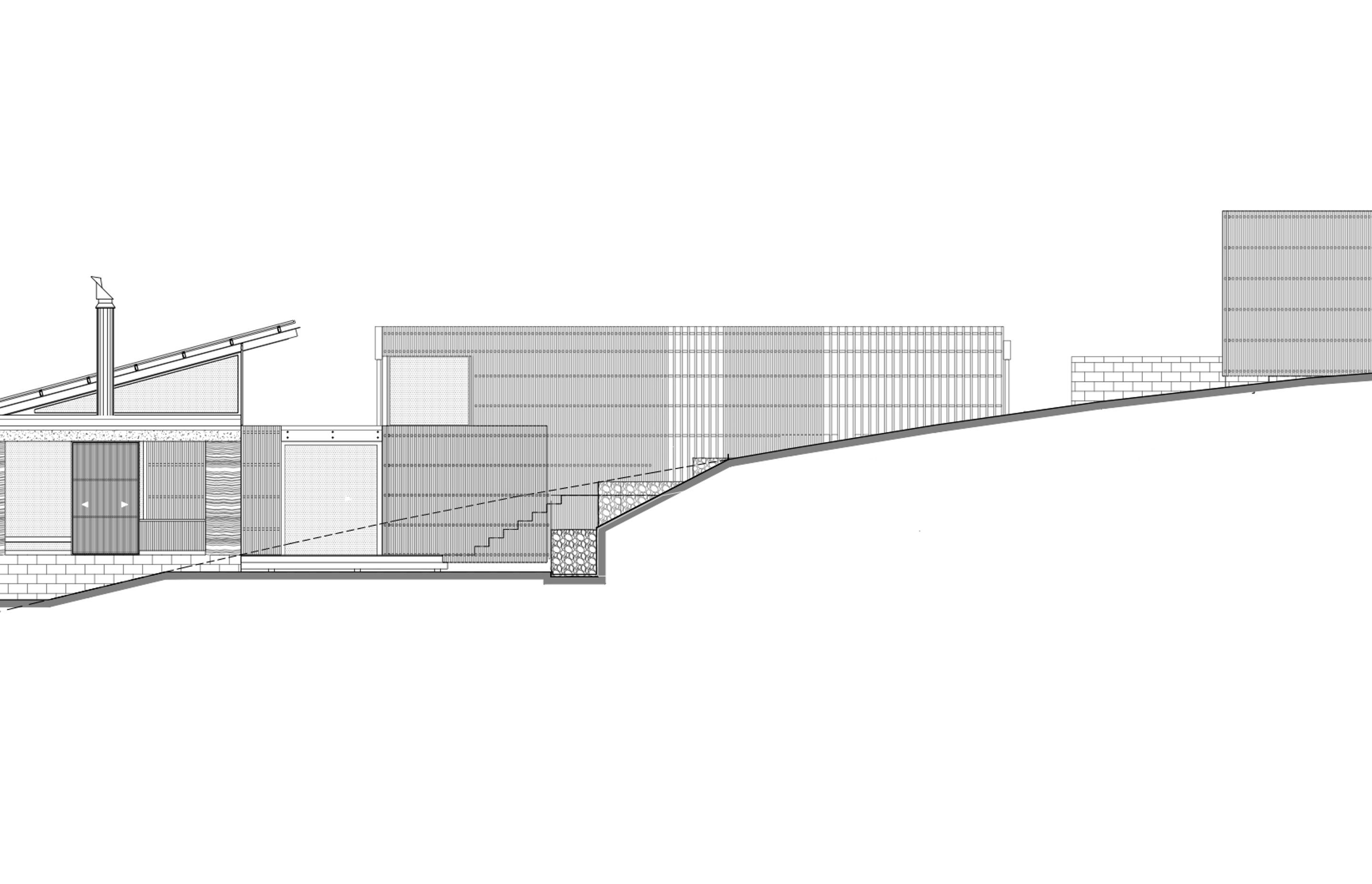 The north elevation of Tutukaka House, by Herbst Architects, indicates the outdoor room (left) with the roof angling upwards, the bedroom wing (middle) and the garage (right).