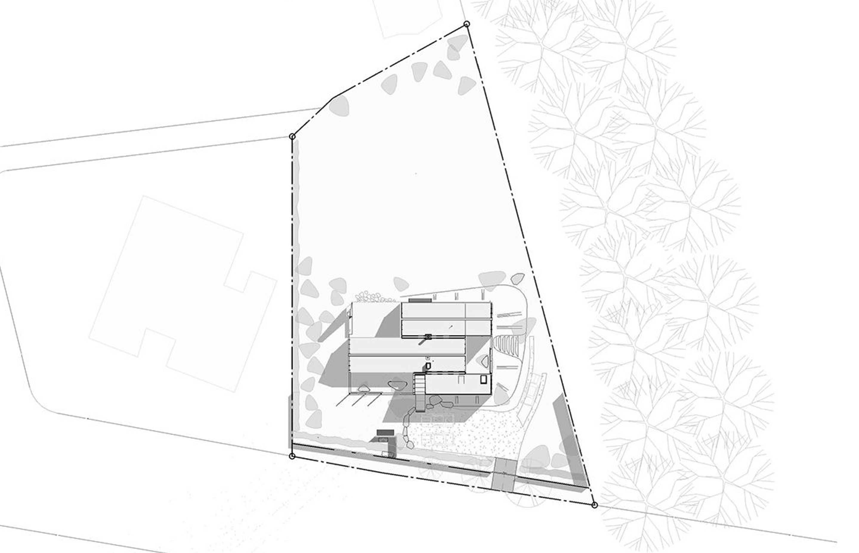 The site plan of Wanaka Crib shows the forms slipping past one another. Drawing by PAC Studio and Steven Lloyd Architecture.