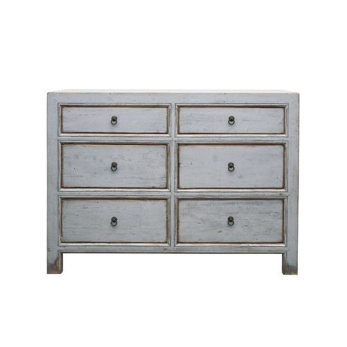 Oriental Painted Dresser 6 Drawer Vintage Grey