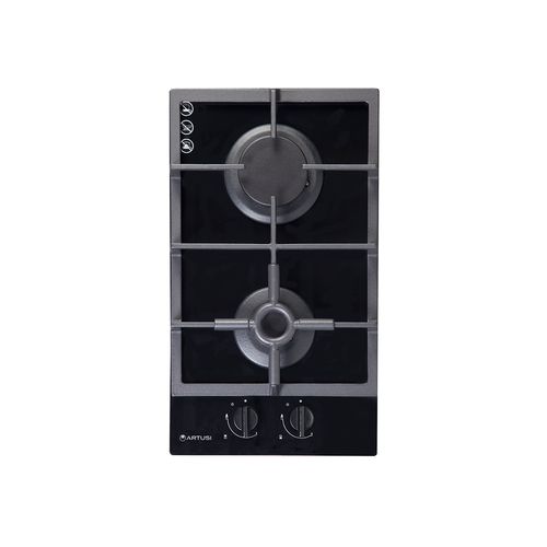 Artusi 30cm Domino Dual Gas Cooktop - With Cast Iron Trivet in Black Glass
