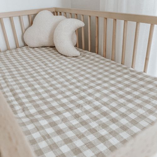 100% French Flax Linen Fitted Cot sheet- Natural Gingham