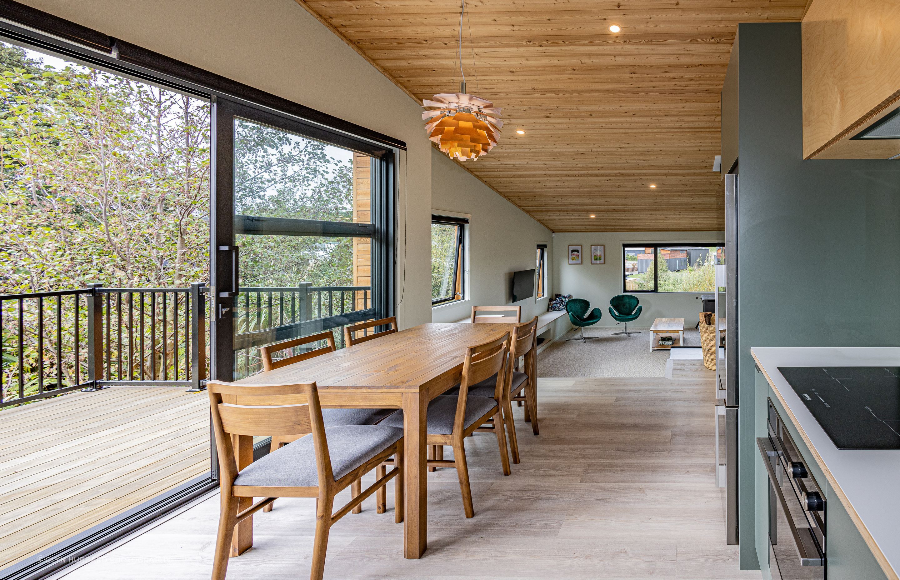 The north-facing deck off the kitchen with spectacular views to Ruapehu.