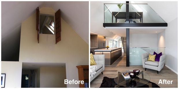Split before-and-after image showing the transformation of a residential interior. The 'before' side depicts a dim, dated room with a sloped ceiling and small high window, while the 'after' side shows a bright contemporary open-plan living area with a double-height void, glass-balustraded mezzanine, black metal stair, modern kitchen, and seating area.