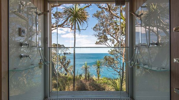 A symmetrical walk-in shower enclosure with frameless glass panels, chrome fixtures, recessed shelving, and dark vertical wall cladding. A large central glazed opening frames a bright coastal ocean view and surrounding vegetation, creating a dramatic indoor-outdoor bathroom setting.
