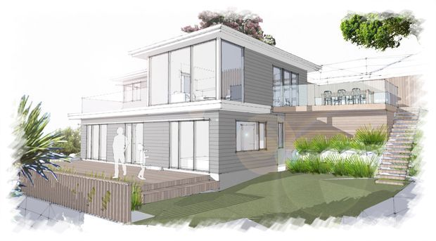 Architectural rendering of a contemporary two-storey residential house with a flat-roofed, rectilinear form, extensive floor-to-ceiling glazing, horizontal grey cladding, and elevated outdoor terraces. The landscaped site includes planted roof areas, ornamental grasses, a timber privacy fence, and exterior stairs leading to an upper deck.