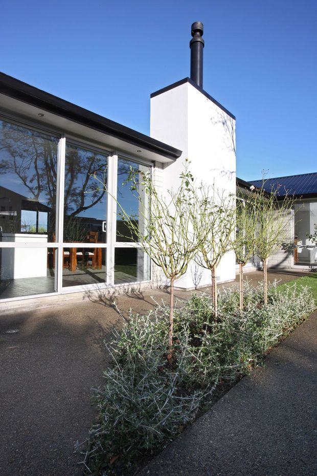 Exterior view of a low-rise contemporary building with white rendered walls, dark metal roof edges, extensive floor-to-ceiling glazing, and a prominent white chimney with dark metal flue. A landscaped courtyard path with small pruned trees and silvery shrubs runs alongside the facade. Bright clear daylight and strong shadows emphasize the crisp geometric forms.