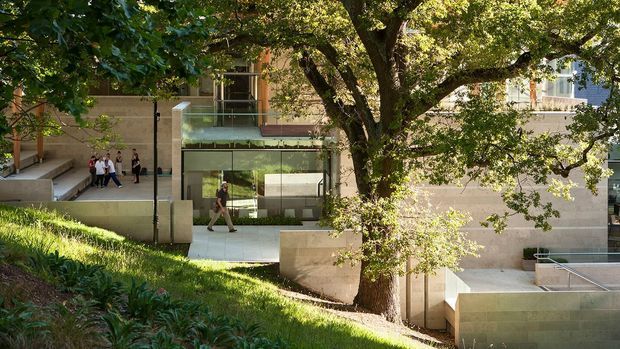 Exterior architectural view of a contemporary multi-level building integrated into a landscaped, sloping site. Pale stone or concrete walls, extensive glass balustrades and glazing, terraces, ramps, and mature trees define the composition. People provide scale, while planted grass and low groundcover soften the stepped architecture.