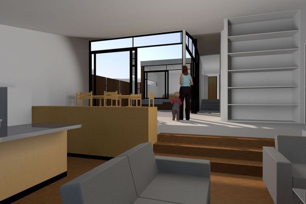 A contemporary architectural interior rendering showing an open-plan living, dining, and kitchen area. The foreground contains a grey upholstered sofa, while a timber-toned kitchen island and dining table sit centrally. Broad black-framed glazed doors or windows open toward an exterior boundary. Several timber steps lead to a slightly raised level, with a tall white built-in shelving unit along the right wall. The scene is sparsely furnished and presented in a clean, neutral palette.