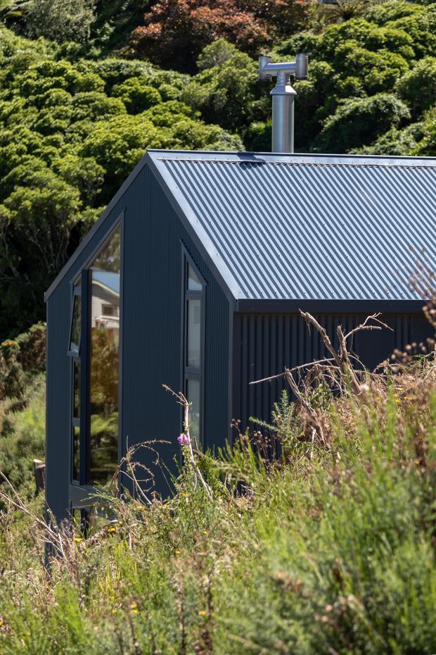 Exterior view of a compact, dark-clad gabled building set within dense natural vegetation. The structure has vertically ribbed dark metal wall cladding, a corrugated metal pitched roof, tall glazed openings, and a prominent metal flue or ventilation pipe emerging through the roof. Wild grasses and planting occupy the foreground, with mature trees behind.