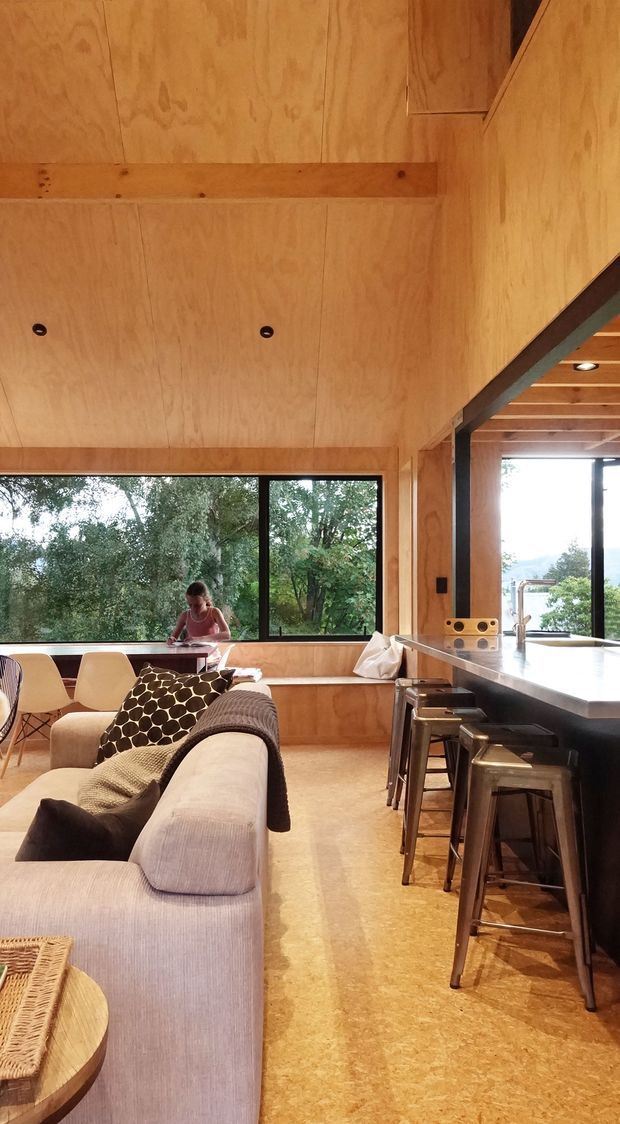 Warm open-plan living and kitchen interior with extensive plywood wall and ceiling lining, a large island with dark cabinetry and metal stools, and a pale upholstered sofa in the foreground. Large black-framed windows overlook leafy trees, while exposed timber ceiling beams and dark structural framing add contrast.
