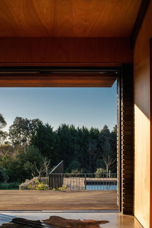 A warm timber-framed indoor-outdoor opening looking onto a raised timber deck, landscaped garden, and a partially visible swimming pool. The image features extensive natural timber soffit and wall cladding, dark horizontal screening, concrete flooring, and strong late-afternoon sunlight. The composition emphasizes the connection between the interior and the outdoor terrace.