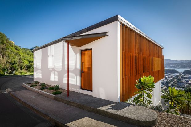 A compact contemporary house viewed from the street on a steep hillside site. The facade combines smooth white rendered walls with a strongly contrasting vertical timber-clad side wall, a projecting flat-roofed entry canopy, and a warm timber pivot door. A narrow landscaped garden strip and concrete walkway frame the entrance, while the elevated setting overlooks a dense coastal or waterfront landscape.