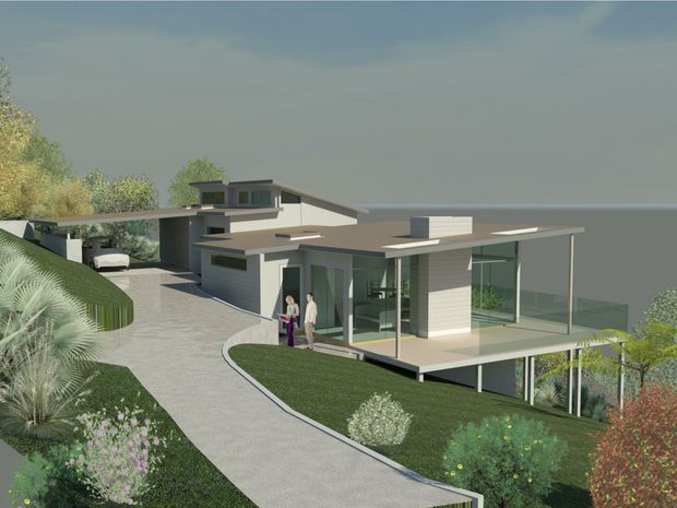 Architectural rendering of a contemporary split-level residence on a landscaped sloping site. The home features low-pitched roof planes, broad glazing, light rendered walls, a projecting elevated living area, covered outdoor terrace, and a curved driveway approach surrounded by planting.