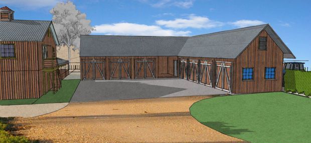Architectural rendering of a rural barn-style complex with multiple connected timber-clad buildings, steep pitched corrugated metal roofs, large barn doors, small multi-pane windows, and a broad paved forecourt. The scene is presented as a conceptual exterior elevation in a pastoral setting.