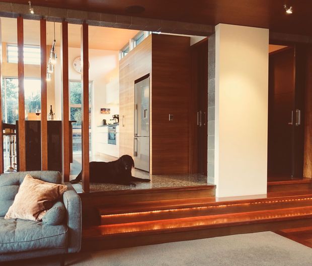Interior view of a split-level open-plan home showing a living room in the foreground, a bright kitchen beyond, and dark timber built-in cabinetry and room dividers. Broad timber steps with integrated warm lighting connect the lower seating area to the raised kitchen and hallway zone. Vertical timber slats, polished dark wood surfaces, pale walls, and high clerestory glazing create a warm, contemporary interior.