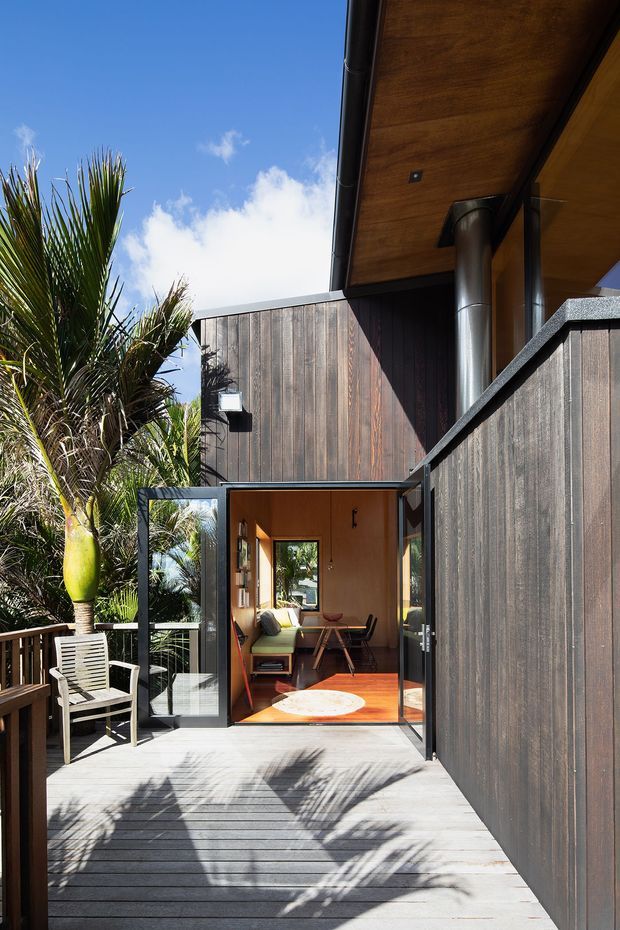 Exterior view of a compact modern timber-clad dwelling, photographed from a raised timber deck. An open glazed entry reveals a warm interior with a small seating area and dining table. Dark vertical timber siding, a timber soffit, exposed metal downpipes, and lush palm-like planting create a strong indoor-outdoor connection.