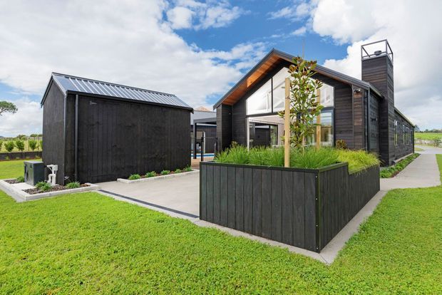 Exterior view of a contemporary single-storey dark-clad home with a steep gabled roof, extensive glazing, timber detailing, and a separate matching outbuilding. A raised black planter with grasses and a young tree fronts the entrance, with concrete paths and manicured lawn surrounding the building.