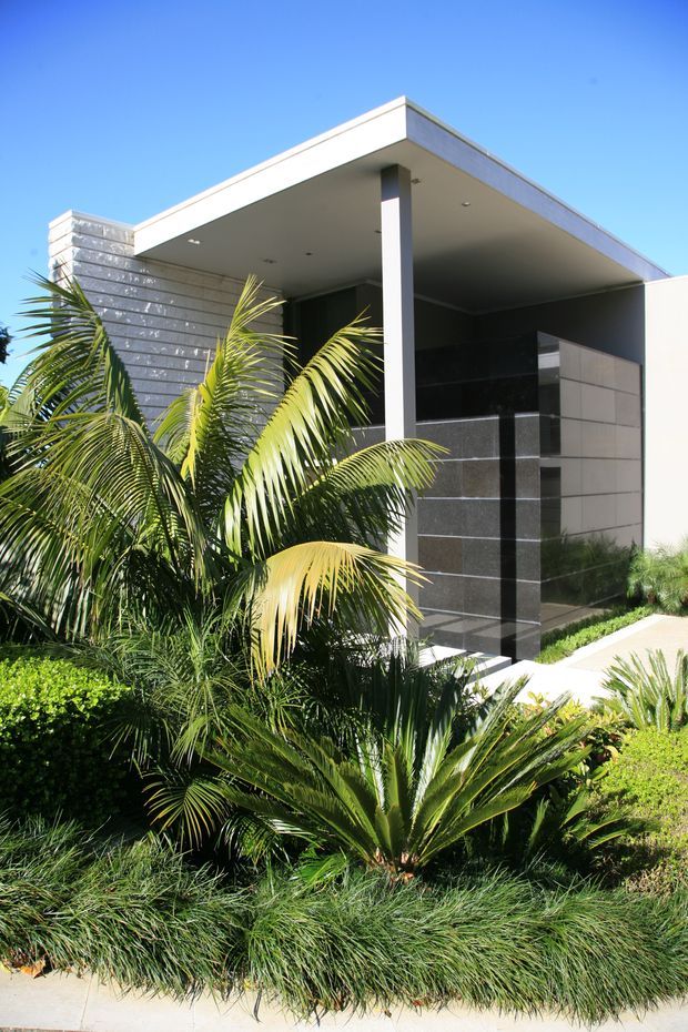 A modern, single-storey building entrance viewed from a landscaped garden. The facade features a flat roof with a broad cantilevered canopy, crisp white rendered edges, dark polished-looking stone or tile wall panels, light horizontal masonry, and a slim square support column. Dense tropical planting, palms, cycads, clipped shrubs, and ornamental grasses frame the entry path.