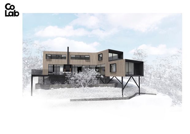 Architectural rendering of a contemporary multi-level house with rectilinear timber-toned cladding, extensive dark-framed glazing, projecting cantilevered volumes, and a raised structure supported by slender steel columns. The building is shown within a lightly rendered landscaped setting, with a strong emphasis on its modern geometric form.