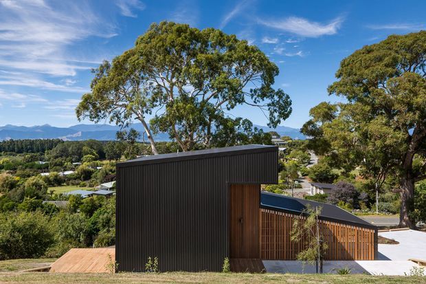 A contemporary single-storey residential building on a sloping site, photographed from an elevated outdoor viewpoint. The compact dark ribbed-clad structure has a strongly projecting flat roof and a warm timber-clad entrance or garage wing. Large established trees frame the house, with a landscaped suburban setting, distant mountains and blue sky beyond.