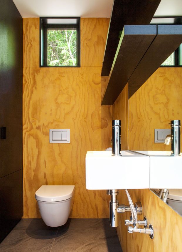 Compact contemporary bathroom with a wall-mounted white basin, chrome tapware and exposed plumbing, toilet, dark floor tiles, and warm plywood wall lining. A large mirror reflects the basin and timber interior, while black-framed windows bring in views of greenery. Dark exposed structural beams cross the ceiling.