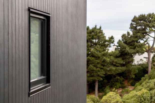 Close-up exterior view of a modern building facade clad in narrow vertical dark-grey panels, featuring a tall slim black-framed window. Dense landscaped greenery and mature trees are visible beside the structure.