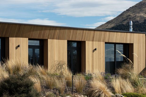 Single-storey contemporary building exterior with a long, low profile and a shallow sloping roof. The facade is clad in warm vertical timber boards, with dark-framed floor-to-ceiling windows and recessed glazed door openings. Native grasses and low planting occupy the foreground, while a steep rocky mountain slope rises behind the building.
