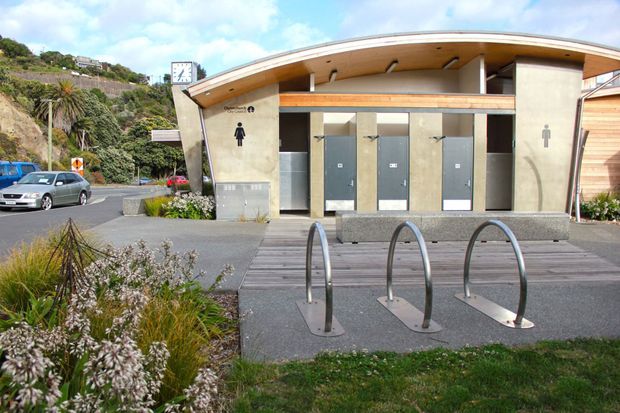 Exterior view of a contemporary public toilet facility with a curved timber-lined roof, concrete and glass entrance structure, separate accessible and gendered toilet entrances, landscaped planting, paved forecourt, and bicycle racks. A road, parked cars, hillside vegetation, and neighbouring buildings are visible in the background.