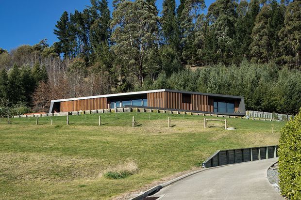 A low, elongated contemporary building set into a gently sloping, landscaped rural site. The facade combines vertical warm timber cladding with dark framed glazing and a dark roof edge, opening toward a broad lawn. Dense mature trees form a wooded backdrop, while a paved driveway rises toward the building in the foreground.
