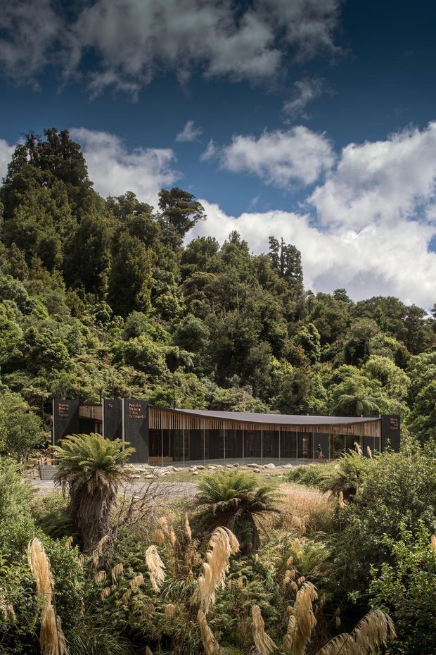 A low, contemporary pavilion-like building set within dense native forest and landscaped vegetation. The dark facade features extensive floor-to-ceiling glazing, vertical timber screening, and projecting roof or eave lines. A paved forecourt and planted garden occupy the foreground, with steep wooded terrain rising behind the structure.