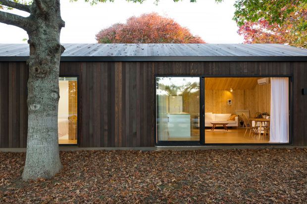 A single-storey contemporary pavilion-like home with a dark vertical timber-clad facade and low-pitched metal roof. Large black-framed glazed openings reveal a warm timber-lined interior with a dining area and built-in furnishings. The building sits among mature trees and fallen autumn leaves.
