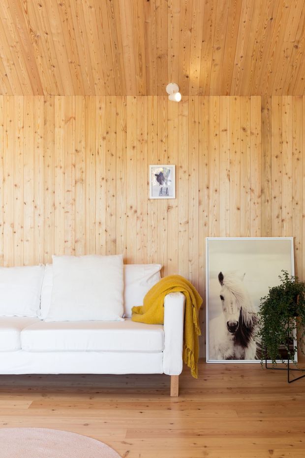 A bright, cozy living room with extensive vertical light timber wall and ceiling panelling, complemented by a matching timber floor. A white sofa sits against the wall with a mustard-yellow throw, framed artwork, a large leaning horse print, and a potted plant. The simple pendant light and warm natural materials create a calm, Scandinavian-inspired atmosphere.