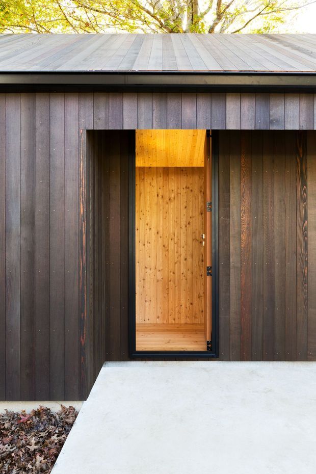 Close-up exterior view of a minimalist timber-clad entrance. Dark vertical wood cladding frames a recessed doorway with a warm natural timber door and timber-lined entry vestibule. A low-pitched metal roof and pale concrete path complete the clean contemporary facade, with mature tree canopy visible above.