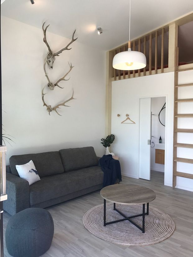 Bright compact living room with a dark grey sofa, rounded coffee table, circular woven rug, and matching upholstered ottoman. A white pendant light hangs over the seating area, while a timber ladder and open slatted balustrade lead to a loft mezzanine. Antler mounts form a prominent wall display, and a partially open door reveals a small bathroom or utility area.