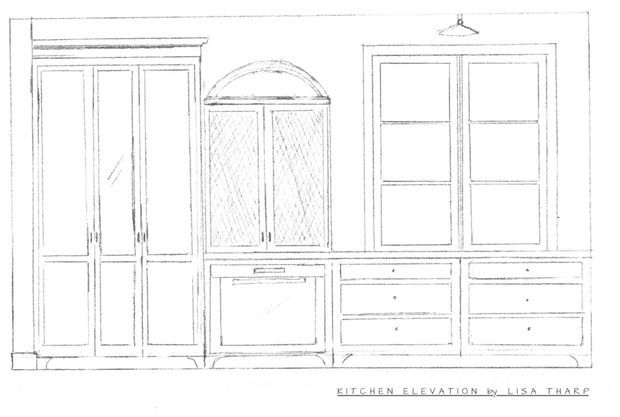Hand-drawn architectural elevation of a traditional kitchen wall, showing tall paneled cabinetry, a central arched glass-front cabinet, upper cupboards, and lower drawers and cabinetry. The monochrome pencil/ink sketch is labelled “Kitchen Elevation by Lisa Tharp.”