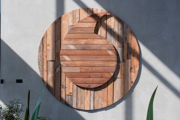 Exterior wall feature composed of a large circular panel clad in weathered timber boards, with a raised stylised letterform or abstract emblem made from matching timber. The feature is mounted on a smooth grey rendered wall and illuminated by strong diagonal sunlight and shadows, with sparse plants at the base.